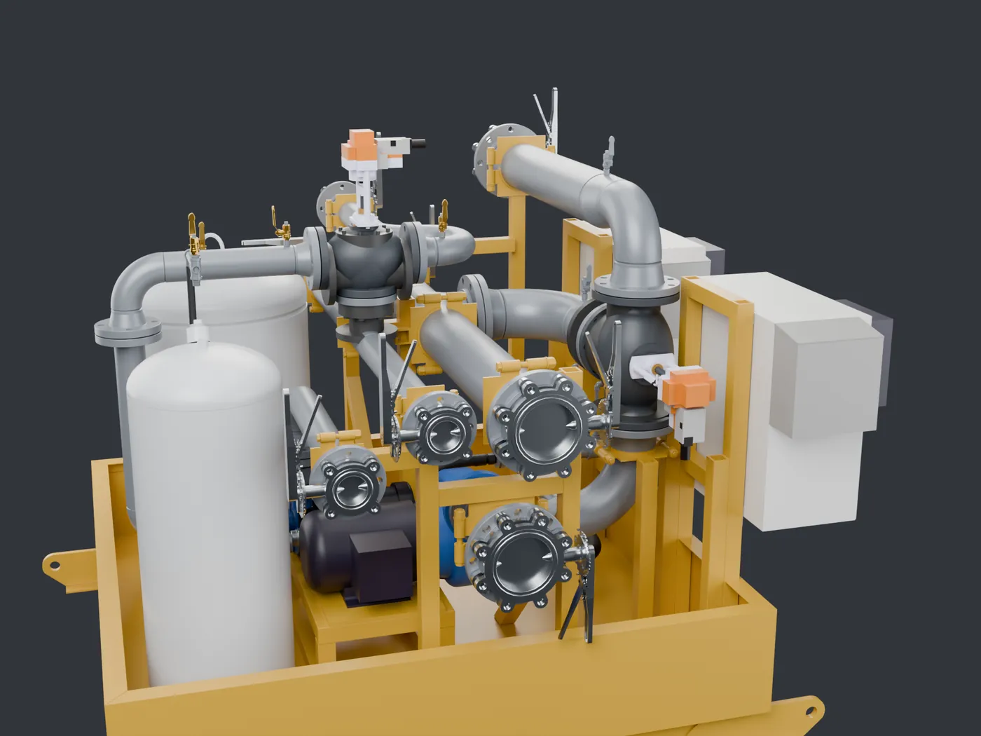 Pumps, three-way valves and butterfly valves in the 3D model