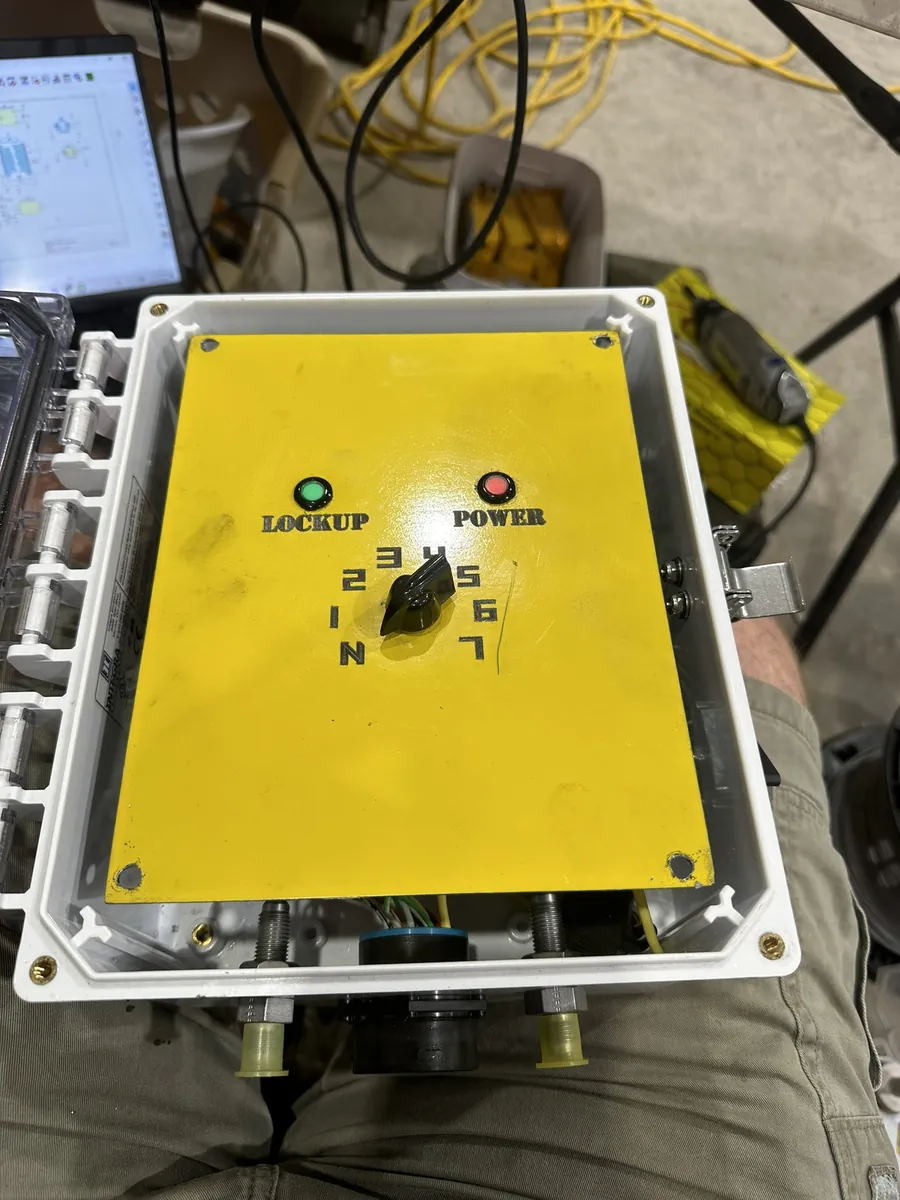 A gear select and lockup control box we built for an Allison 9820 transmission behind a Cummins QSK45.